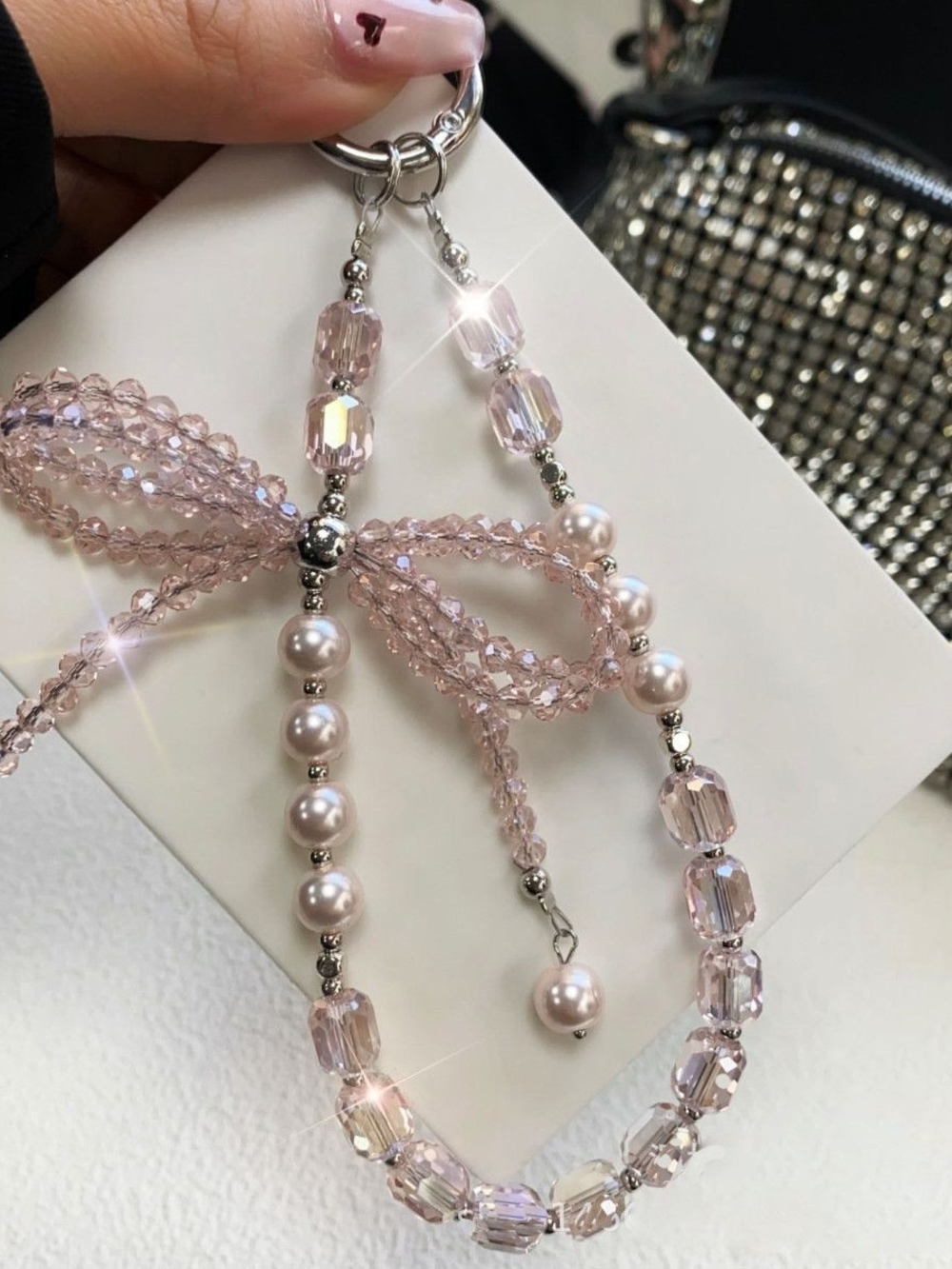 Pink Crystal Bow Phone Charm | Pearl Beaded Phone Strap |Coquette |Keychin